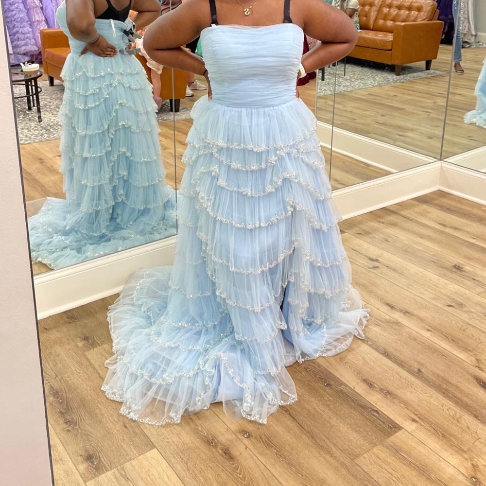 Sherri Hill Light Blue Tiered Prom Dress - Picture 1 of 3